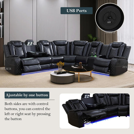 JBXBER Power Recliner Sectional Sofa Set, Black Leather Sectional Couch for Living Room, L Shape Reclining Sofa with Led Lights, Cup Holder, Pull-Down Table for Home/Office(6 Seat) JBXBER