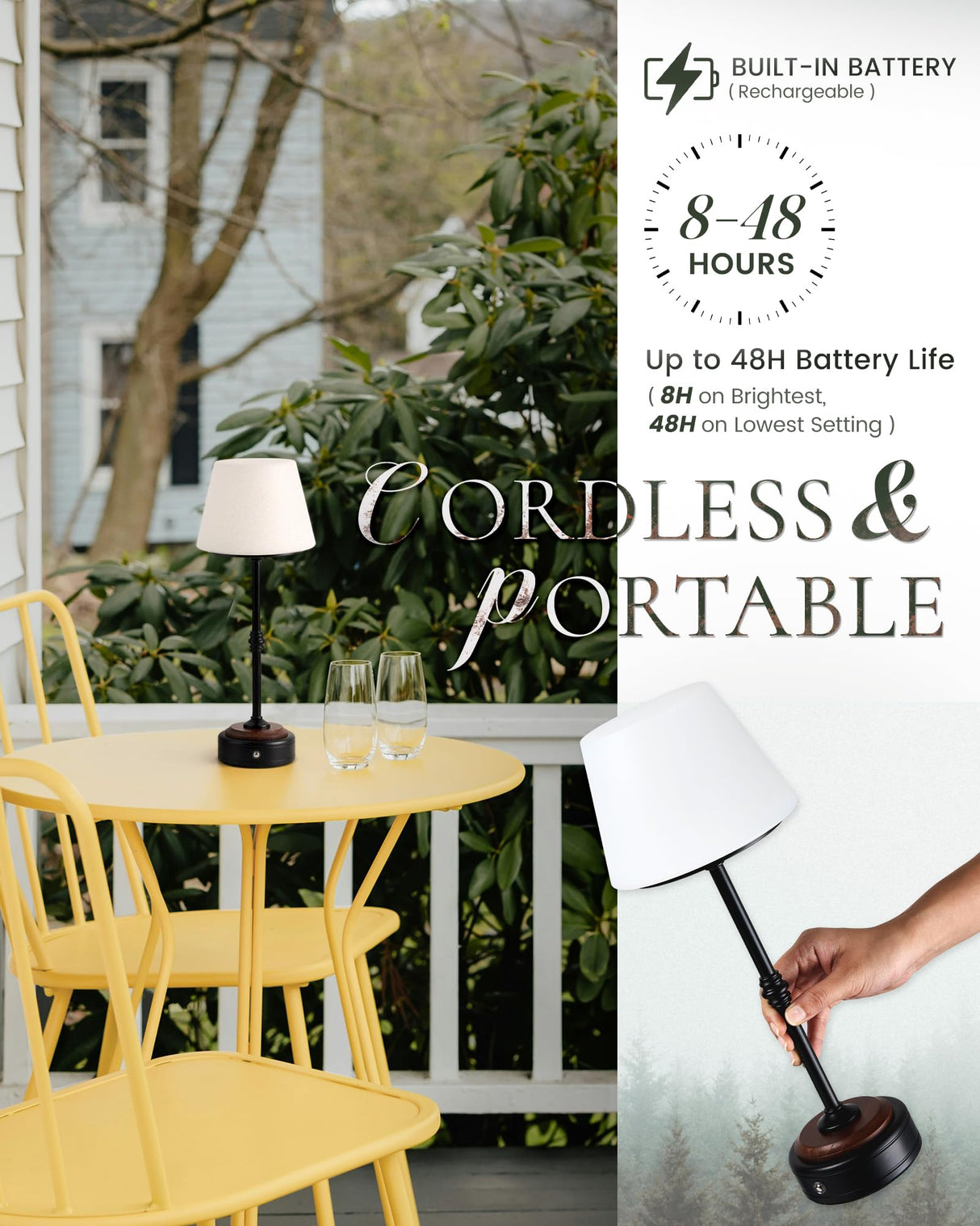 HANASS Cordless LED Table Lamp, Black Desk Lamp with Solid Wood Base, Patio Table Lamp Built-in Rechargeable Battery, 3-Level Brightness Dimmable,Wireless Bedside Night Lamp MT2315 HANASS