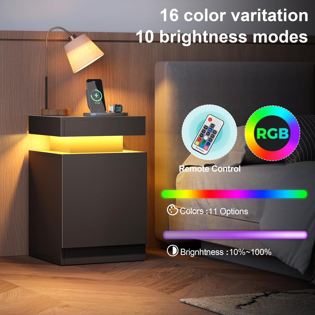 MXV Nightstand Set of 2 with LED Lights,Night Stand with Storage Cabinet for Bedroom,Bedside Table with LED (Black, 15" / Set of 2) MXV