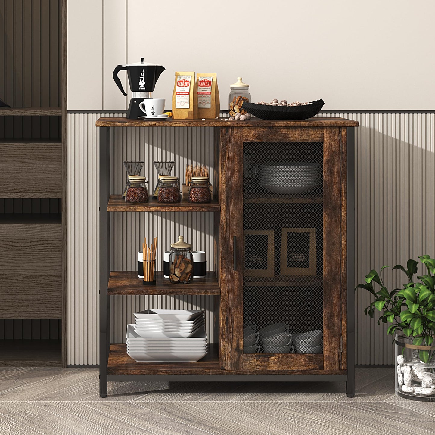 LVSOMT Industrial Farmhouse Buffet Cabinet with Storage and Adjustable Shelves - Brown Coffee Bar Table - WoodArtSupply