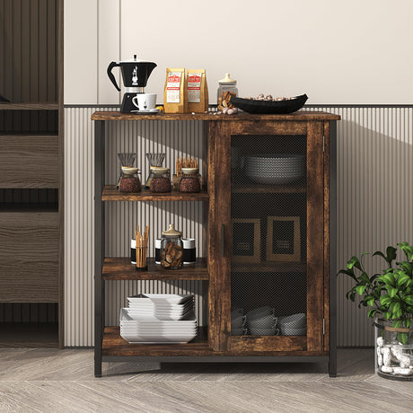 LVSOMT Industrial Farmhouse Buffet Cabinet with Storage and Adjustable Shelves - Brown Coffee Bar Table LVSOMT