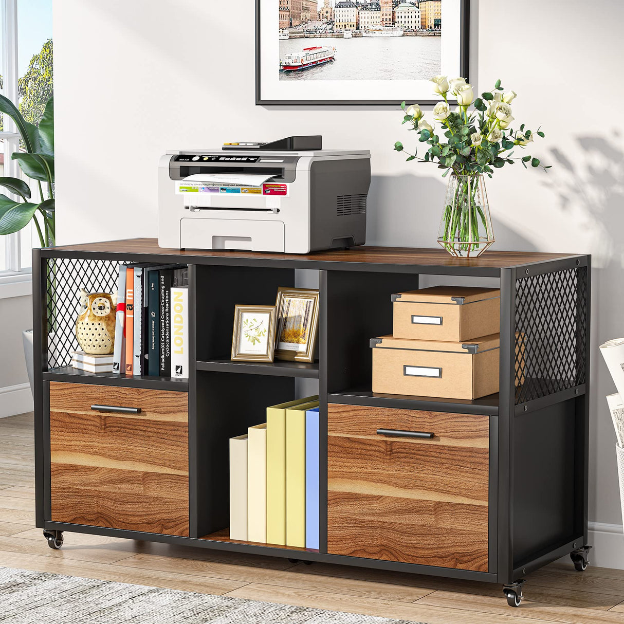 Tribesigns 2 Drawer Wood File Cabinets, Modern Mobile Lateral Filing Cabinet for Letter/ A4 Size, Printer Stand with Open Storage Shelves and Drawer for Home Office, Rustic Walnut Tribesigns
