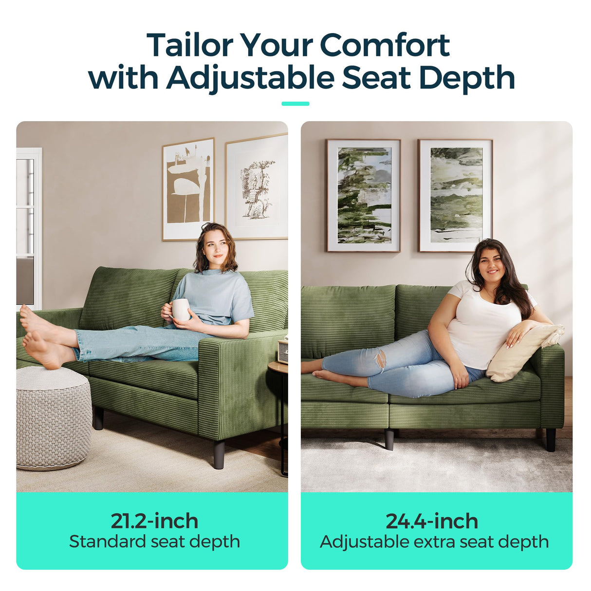 LINSY Modern Loveseat Sofa Couches for Living Room, Comfy Corduroy Sofa, Adjustable Seat Depth, Extra Deep Seats, Solid Wood Frame, Removable Cover, Love Seat Couch for Small Spaces (79inch, Green) LINSY