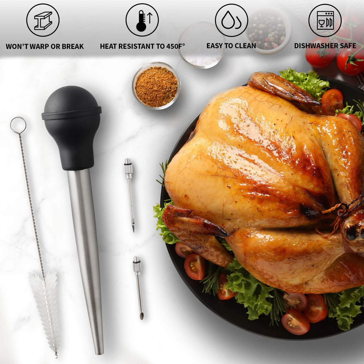 Zulay Kitchen Stainless Steel Turkey Baster for Cooking - Food Grade Metal Turkey Baster Syringe & Silicone Suction Bulb - Turkey Baster Large Size - Includes 2 Detachable Needles and Cleaning Brush Zulay Kitchen