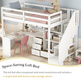 Linique Twin Loft Bed with 3-Drawers L-Shape Desk, Bookcase, Cabinet and Storage Staircase, Solid Wood Twin Bed Frame with Full Length Guardrail (White) Linique