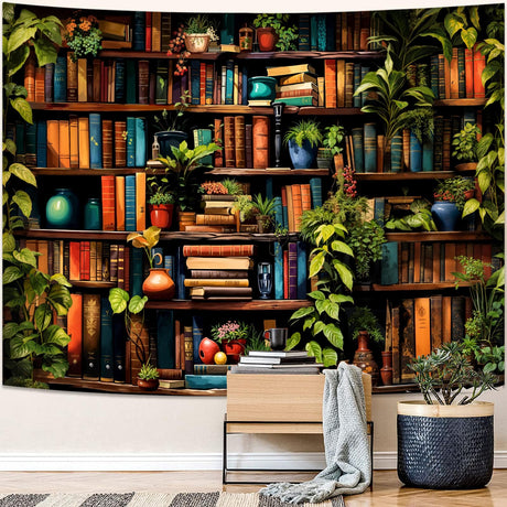 Accnicc Botanical Bookshelf Tapestry Lush Green Plant Book Shelf Tapestries Wall Hanging Art Vintage Retro Potted Plants Academics Library Book Tapestry for Bedroom Living Room Dorm 80 x 60 inch Accnicc