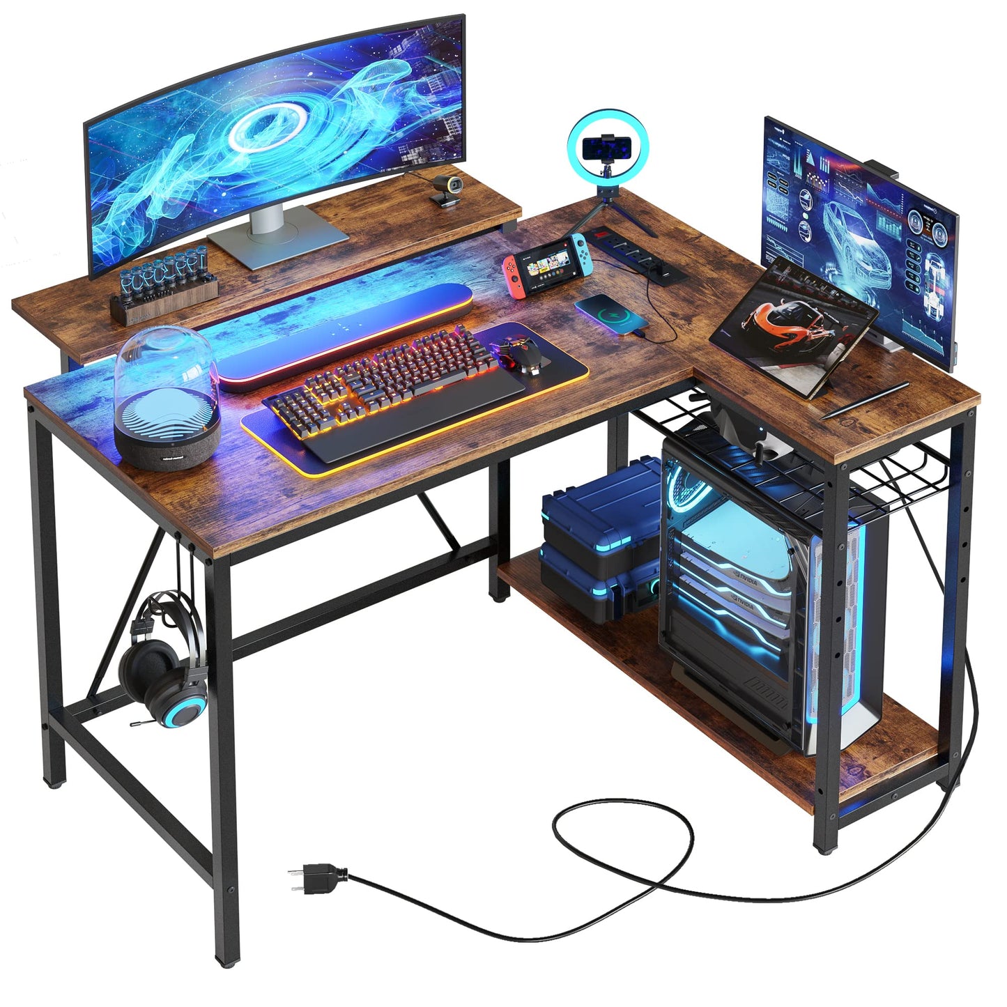 Bestier Small L Shaped Desk with Charging Port & LED Strip,Modern Computer Desk with Reversible Storage Shelves,Corner Desk with Hooks for Bedroom Office Studio Workstation,Rustic Brown - WoodArtSupply