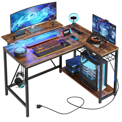 Bestier Small L Shaped Desk with Charging Port & LED Strip,Modern Computer Desk with Reversible Storage Shelves,Corner Desk with Hooks for Bedroom Office Studio Workstation,Rustic Brown - WoodArtSupply