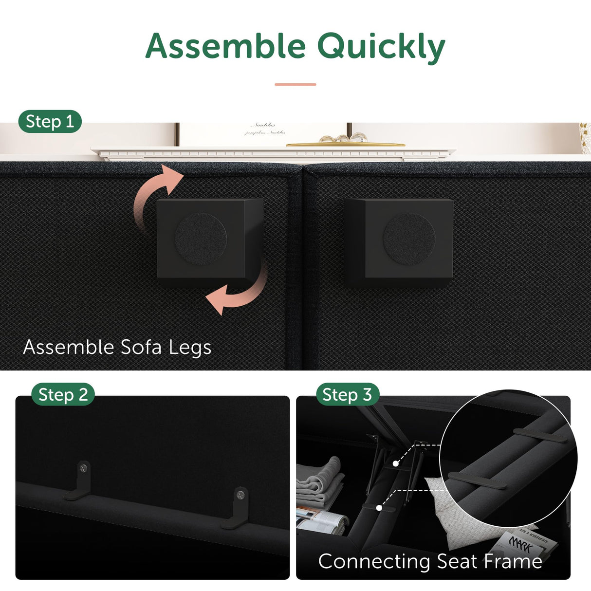 HONBAY Modular Sofa Sectional Sleeper Couch with Ottoman Velvet 6 Seater Sofa with Storage Seat Convertible Sectional Sofa Couch Set for Living Room, Black HONBAY