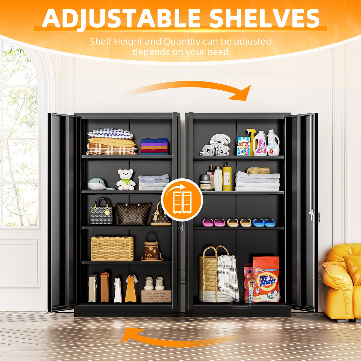 INTERGREAT Metal Storage Cabinet with 2 Doors and 4 Adjustable Shelves, Garage Storage Cabinet, Tall Steel Cabinet Locking Cabinet for Office,Home, Garage, Gym, School (Black) INTERGREAT