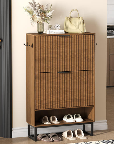 Akxomel Fluted Shoe Storage Cabinet, Narrow Hidden Shoe Rack Cabinet with Metal Legs, Narrow Shoe Organizer, 2 Flip Drawers, for Entryway, Hallway, Living Room, Walnut