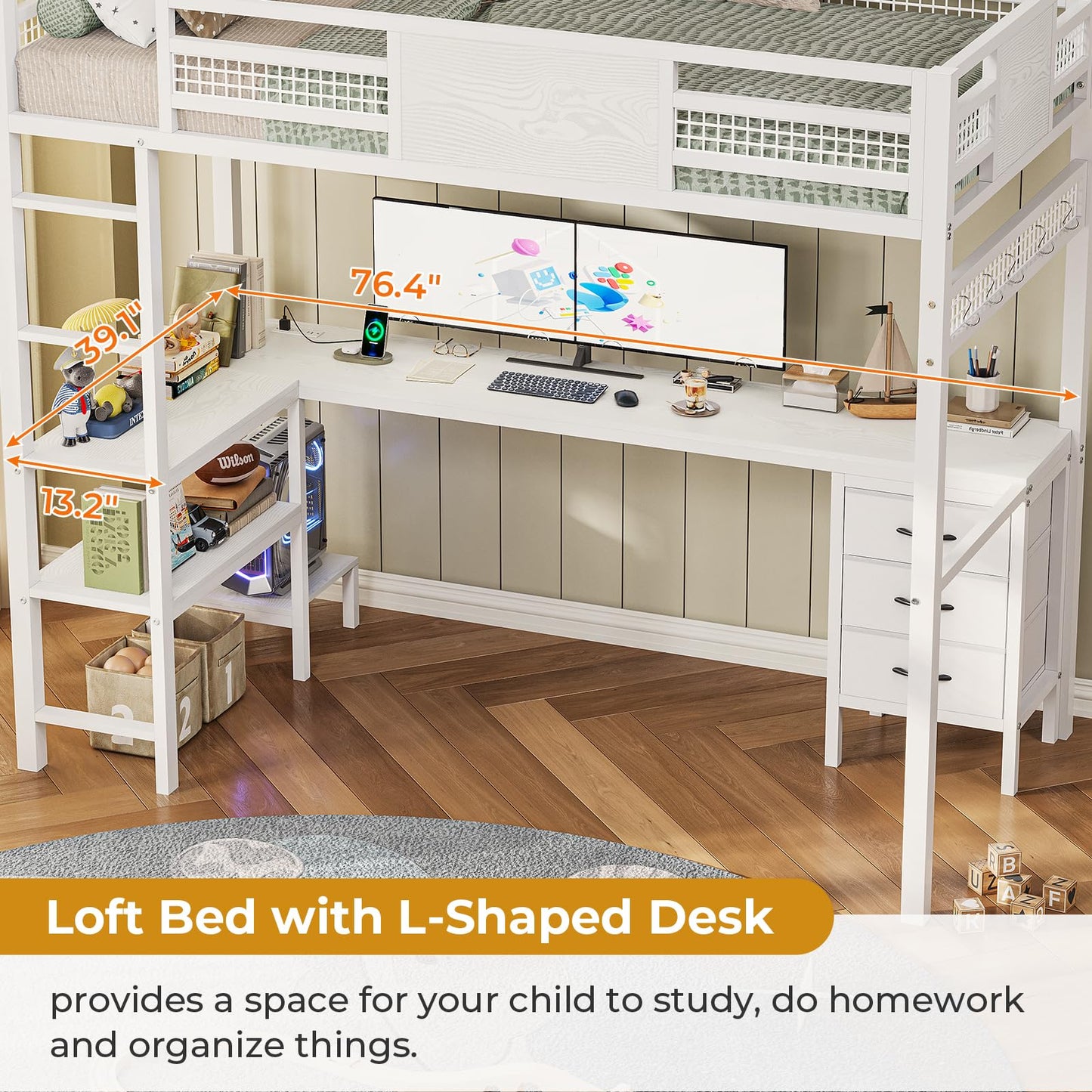 ADORNEVE Loft Bed Twin Size with L-Shaped Desk, LED Lights,Charging Station, Twin Metal Loft Bed Frame with Fabric Drawers & Shelve, 13.4" H Safety Guardrail, No Box Spring Needed, White