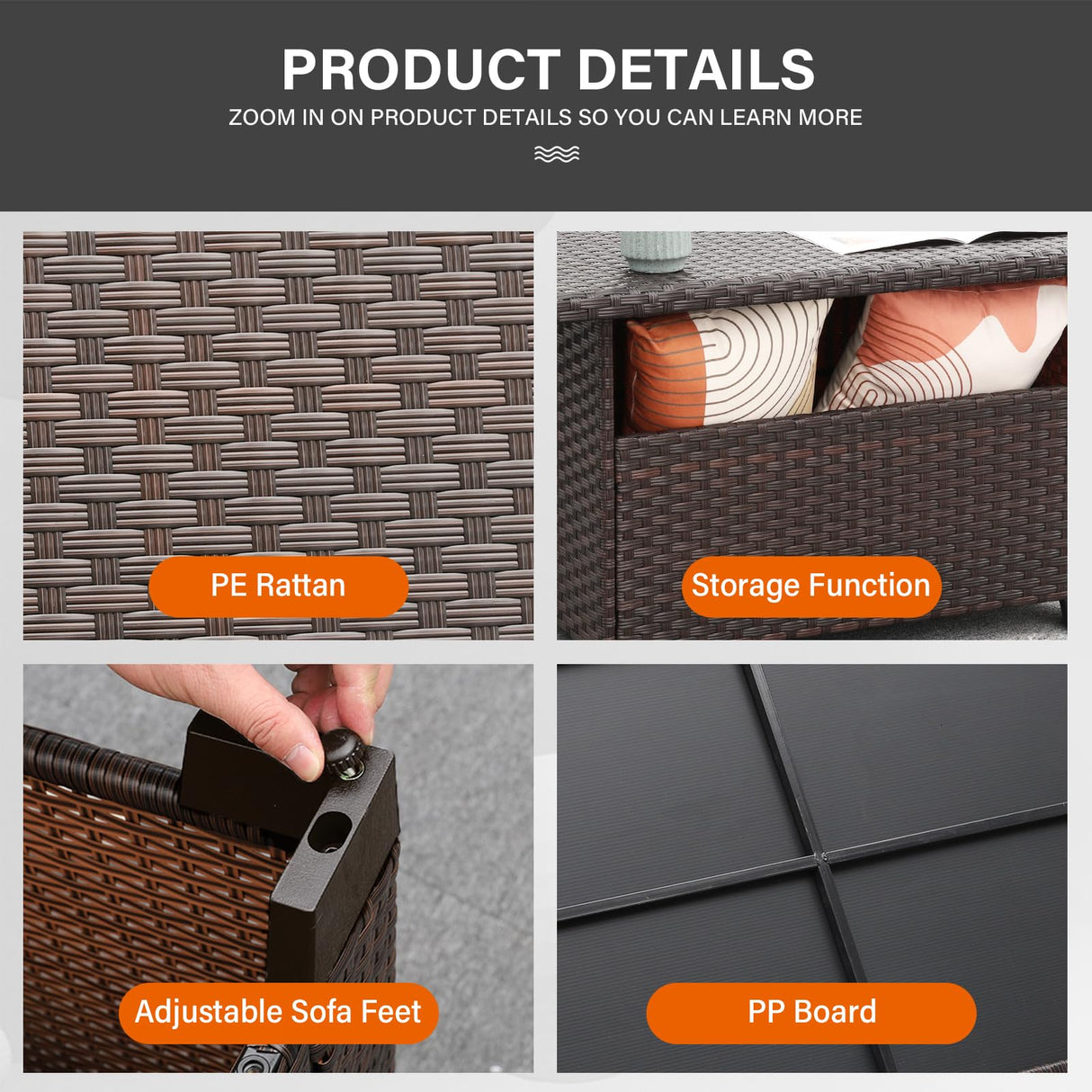 WAROOM Outdoor PE Wicker Coffee Table - Patio Rattan Garden Furniture Multi-Functional Storage Tea Dining Table, Dark Brown WAROOM