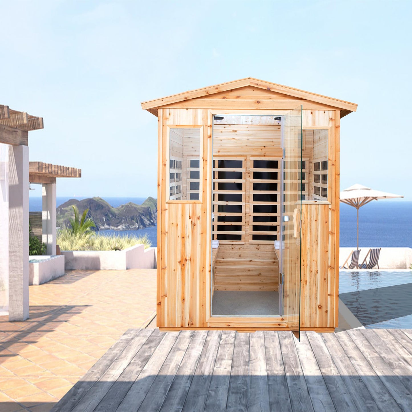 WEALTHOME Outdoor Sauna for 4 Person,Applicable Indoors and Outdoors. Far Infrared Sauna 8 Low EMF Heaters, Wooden Sauna Room 2050 Watt, Old Chinese Fir, Chromotherapy, Bluetooth Speaker, LCD, LED