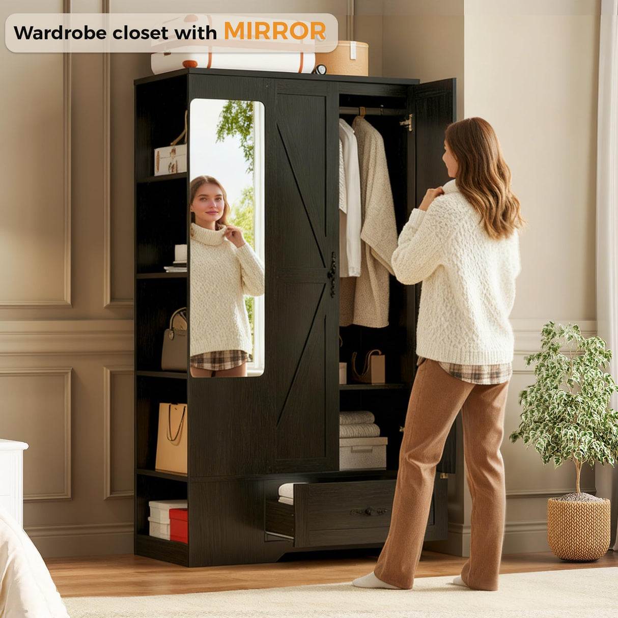 ANCTOR Armoire Wardrobe Closet with Mirror, 70" H Wooden Bedroom Armoires and Wardrobes with 2 Doors, 5 Shelves, Hooks and Drawer, Clothing Storage Cabinet with Hanging Rod, Black ANCTOR