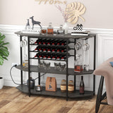 COSTWAY Rustic Grey 3-Tier Wine Bar Cabinet with Charging Station and Ample Storage COSTWAY