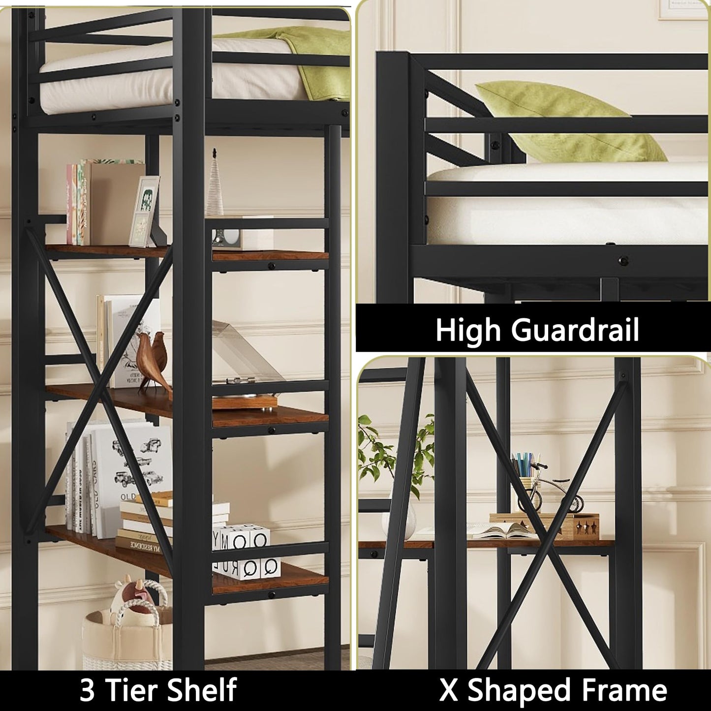 Metal Loft Bed Twin Size, Twin Loft Bed with Desk and Storage Shelves, Twin Size Loft Bed with Guardrail and Ladder, Heavy Duty Loft Bed for Kids, Teens (Twin Black)