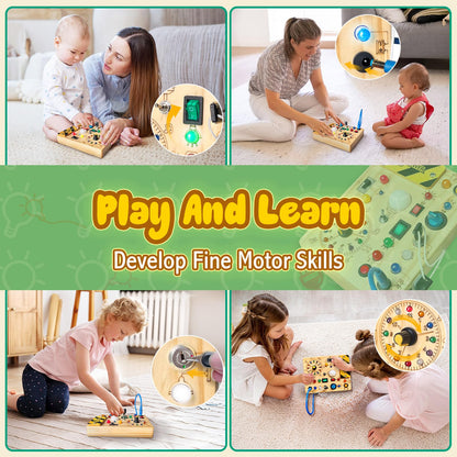 Iabedi Busy Board,Montessori Toys for 1-3 Years Old, Wooden Toddler Toys, Autism Sensory Travel Toys, Ideal Gift for 1+ Year Old Boys (Busy Board Plus V2)