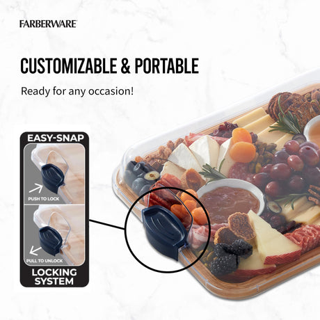 Farberware Build-A-Board Bamboo Cutting Board with Built-in Compartments and Clear Locking Lid with Navy Handles, Perfect for Charcuterie, Snacks, and More - Make it. Take it. Enjoy it, 11x14 Inches Farberware