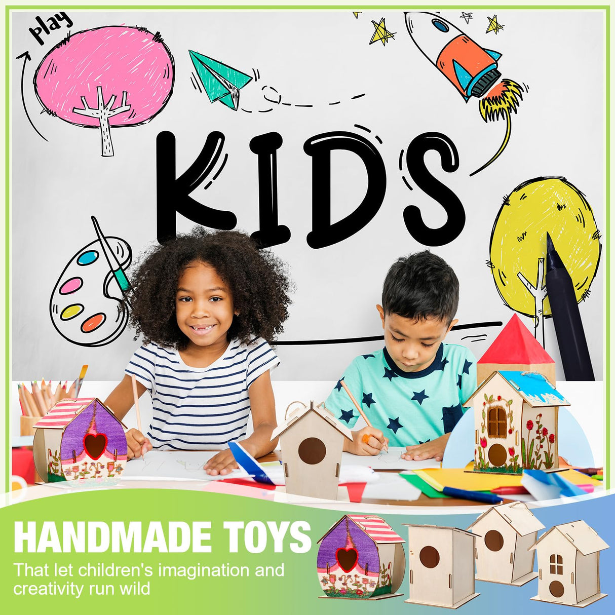 DoubleFill 48 Pcs Bulk Wooden Bird Houses Kits for Kids DIY Crafts and Arts Unfinished Wood Birdhouse to Paint Birthday Gifts for Girls Boys Crafts Class Parties, 4 Styles DoubleFill