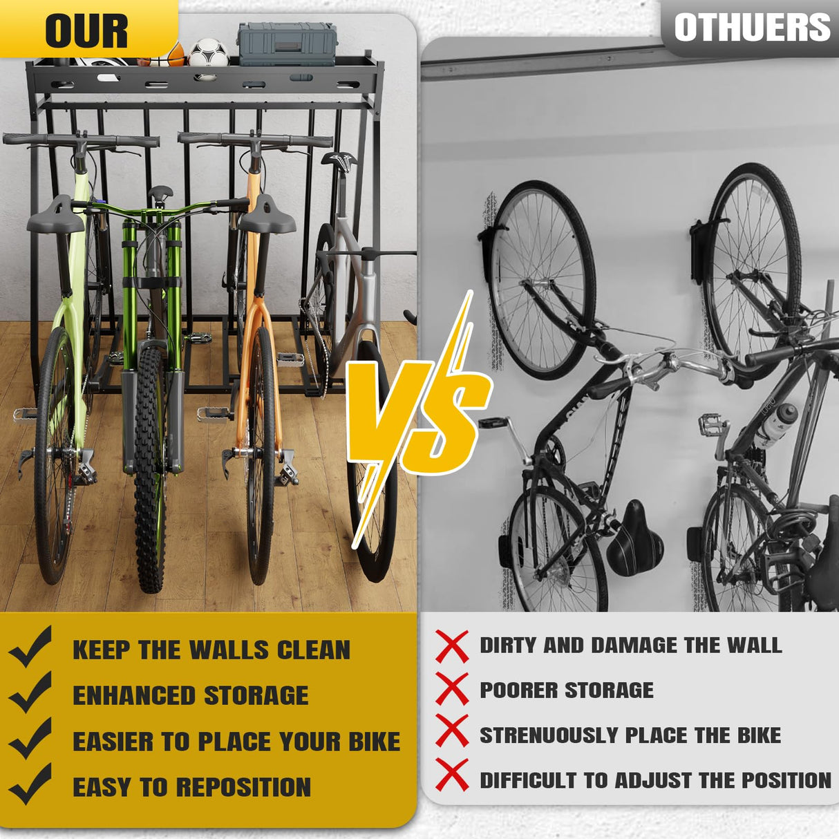 Hedyzone 4 Bike Stand Steady Bike Rack Garage with Baskets Storage Indoor Bike Storage Rack Metal Floor Bicycle Station for Parking Suitable for Mountain, Hybrid, Adult and Kids Bikes Hedyzone