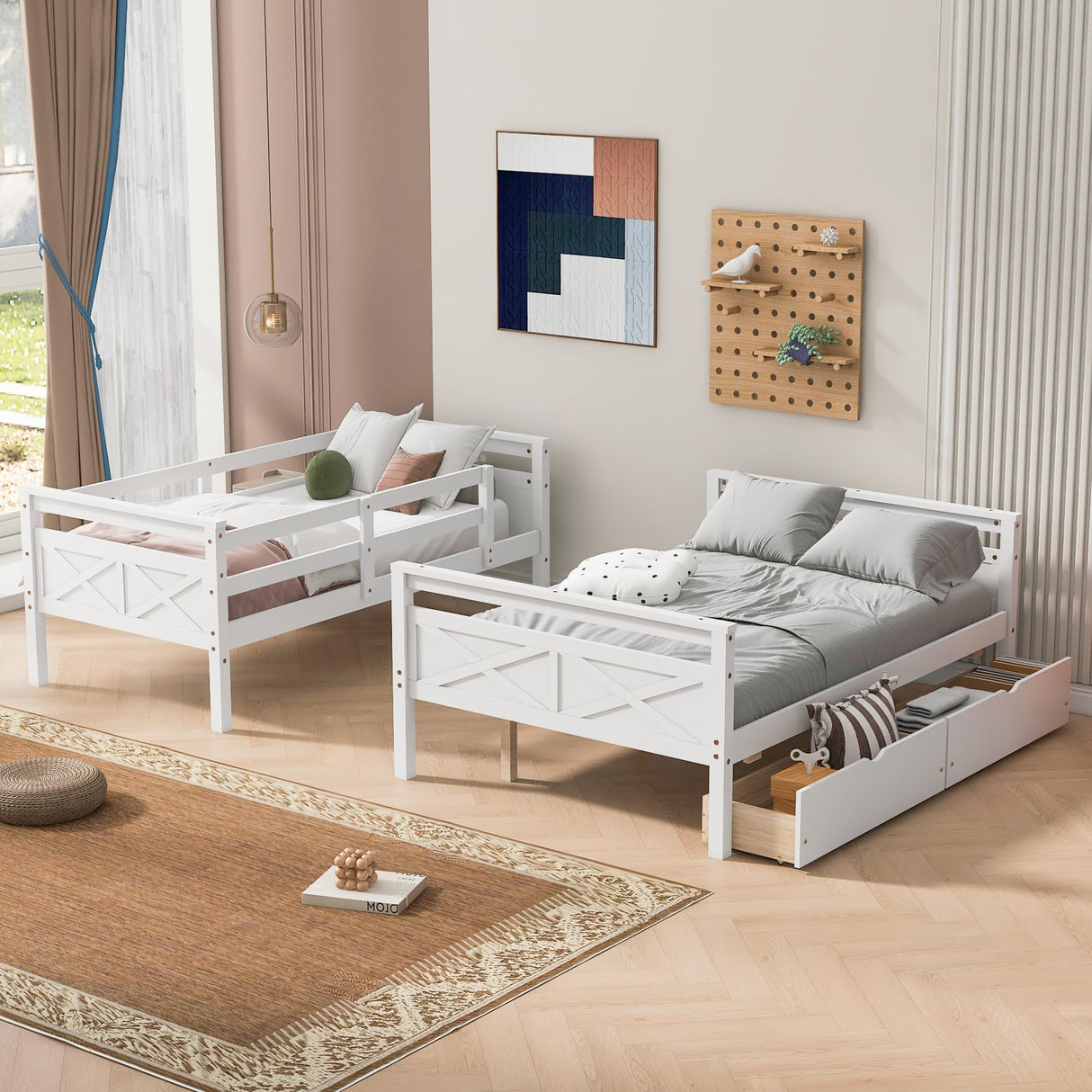 Merax Twin Over Full Bunk Bed with 2 Storage Drawers,Solid Wood Bunk Bed with Ladder and Safety Guardrail for Bedroom Kids Adults, Can be Separated into 2 Beds,White Merax