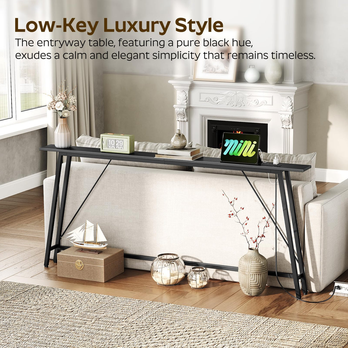 YATINEY 70.9" Skinny Console Table with Power Outlets, 5.9" Sofa Tables Narrow Long, Industrial Behind Couch Table, for Hallway, Entryway, Living Room, Black CT185UBB YATINEY
