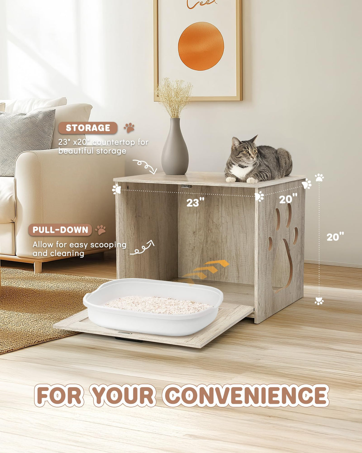 JubiNatural Cat Litter Box Enclosure, Indoor Hidden Cat Litter Box Furniture, Simple Classic Sliding Door Style Cat Litter Box Cabinet for Convenient Entry, Use As Side Table or Nightstand JubiNatural