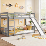 OYUMOENTS Twin Over Twin Bunk Bed with Slide, Low Bunk Bed Frame with Detachable Rails, Convertible Kids Bed with Slide and Ladder for Kids Boys Girls, Gray OYUMOENTS
