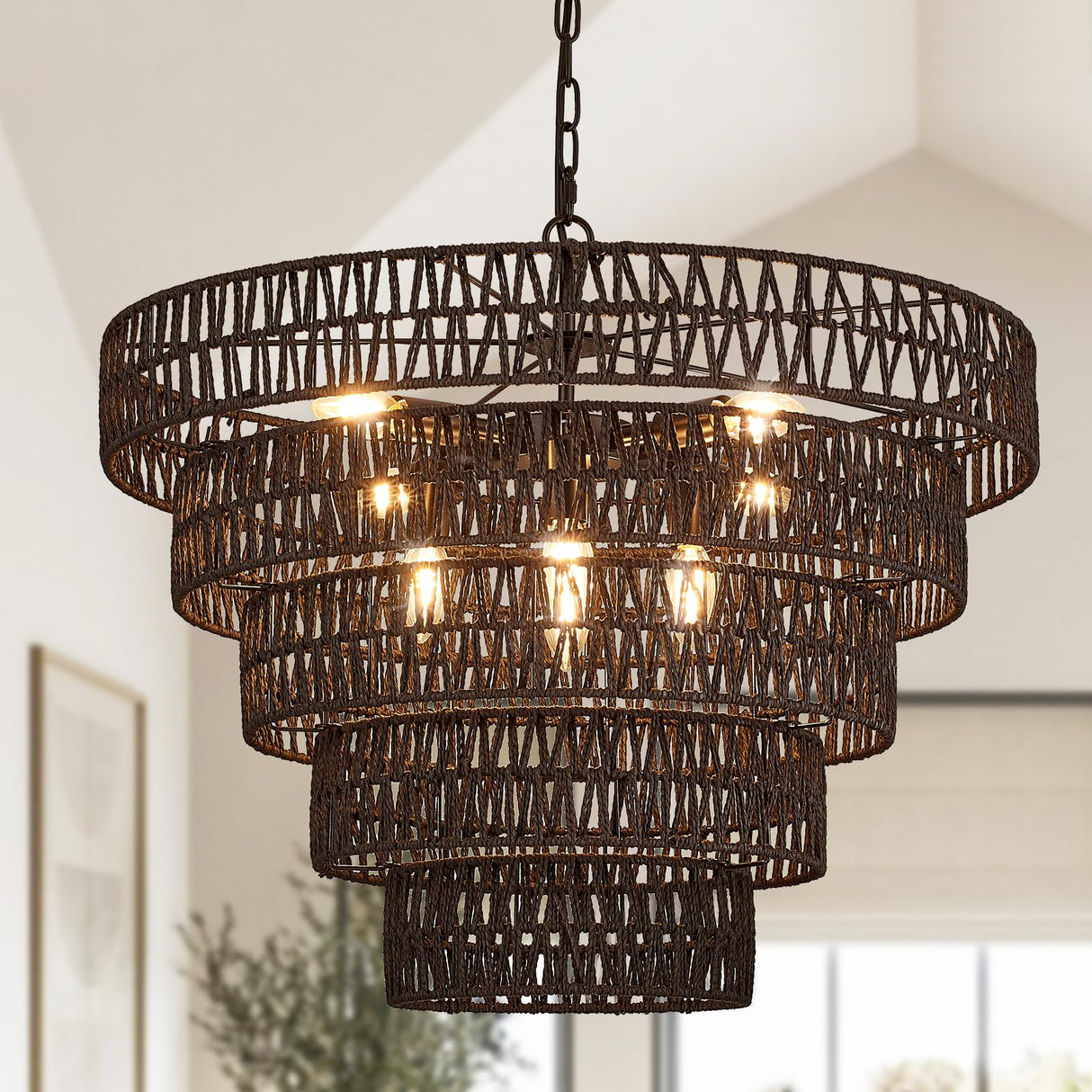 Widluth 25.6” Black Hand-Woven Rattan Chandelier Vintage Farmhouse 8-Lights Boho Large Bamboo Chandelier Light Fixture Retro 5-Tier Drum Wicker Chandelier for Dining Room, Kitchen, Bedroom, E12 Widluth