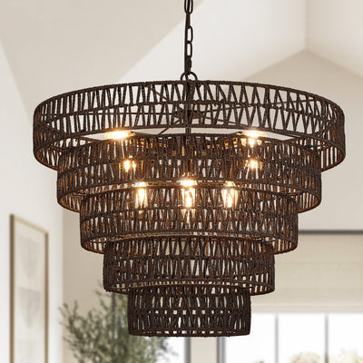 Widluth 25.6” Black Hand-Woven Rattan Chandelier Vintage Farmhouse 8-Lights Boho Large Bamboo Chandelier Light Fixture Retro 5-Tier Drum Wicker Chandelier for Dining Room, Kitchen, Bedroom, E12