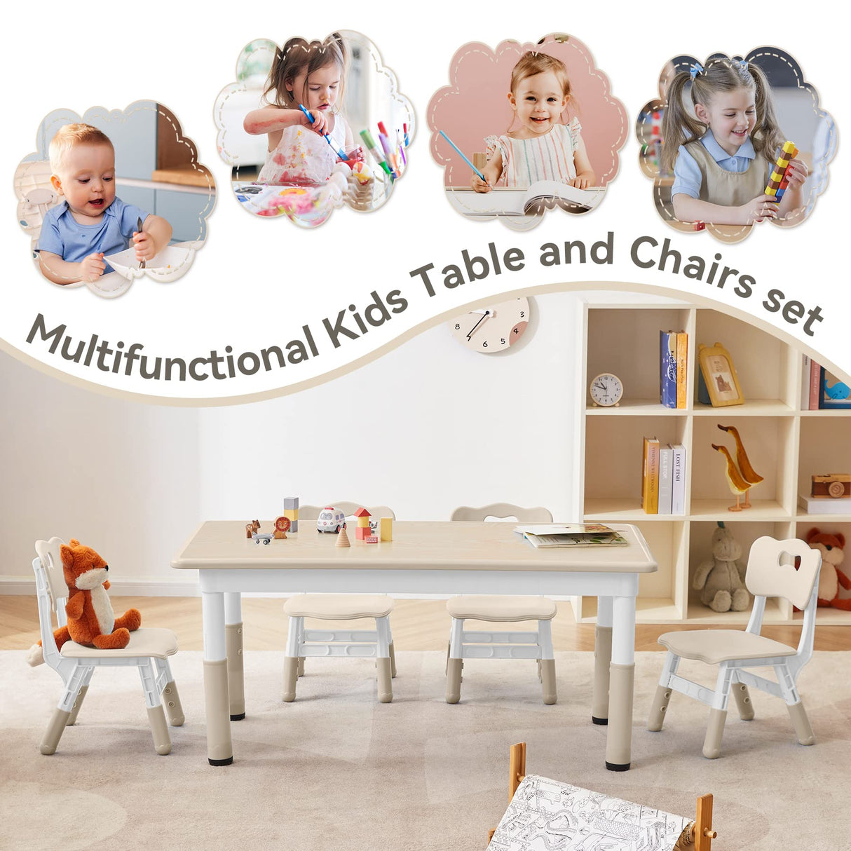 GITAWUSA Kids Study Table and Chairs Set, Height Adjustable Toddler Table and Chair Set for Kids Ages 3-8, Graffiti Desktop (Burlywood - 2) GITAWUSA