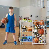 FAMIDGE Sports Equipment Organizer, Ball Storage Rack with Elastic Straps, Garage Sports Organizer Storage Cart with Hooks, Basketball Rack for for golf, Football, Soccer Ball, Bat, White FAMIDGE