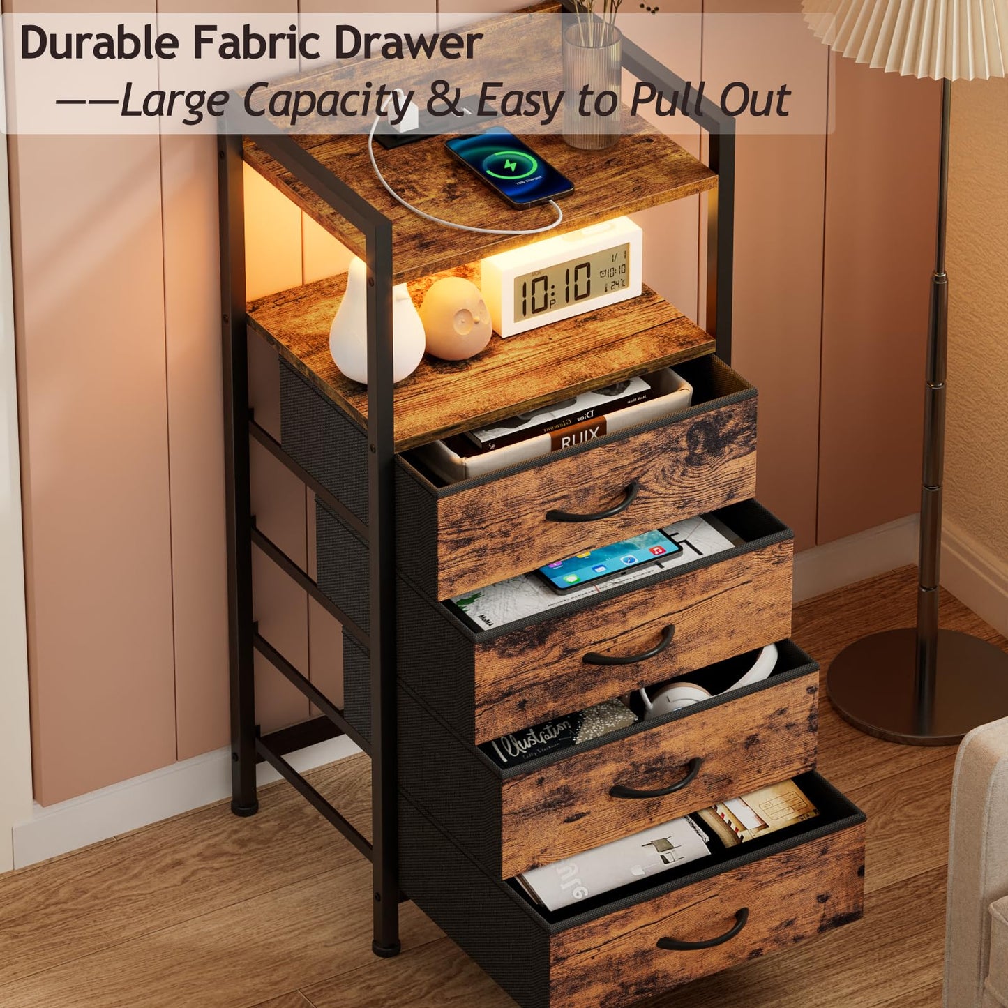 Furnulem 4 Drawer Dresser for Bedroom, Tall Nightstand with Led Light and Charging Station, Small Night Stand Bedside Table, Fabric Bins, Metal Frame, Wood Shelf, Side Furniture(Rustic Brown)