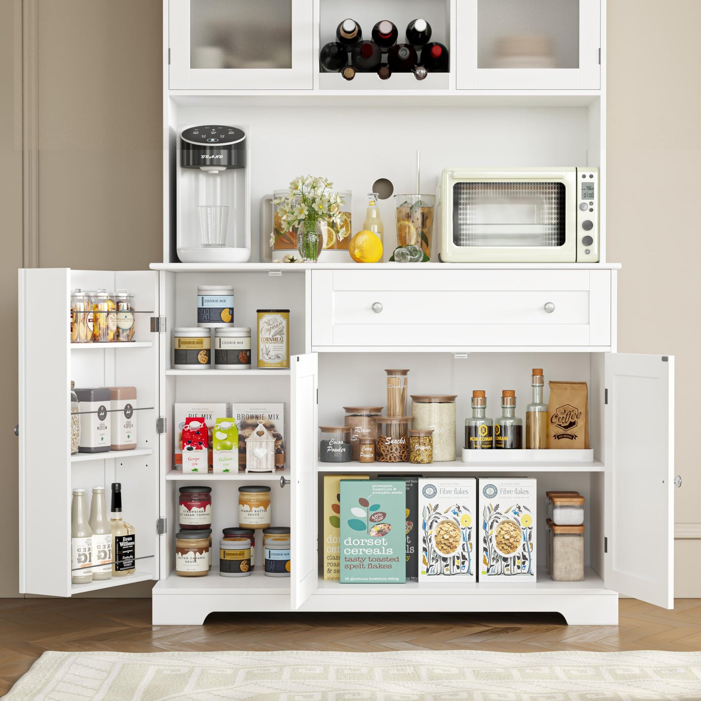 HOSTACK Kitchen Pantry Storage Cabinet, Modern Buffet Cabinet with Hutch, Tall Kitchen Hutch Cabinet with Microwave Stand, Food Pantry Cabinet with
