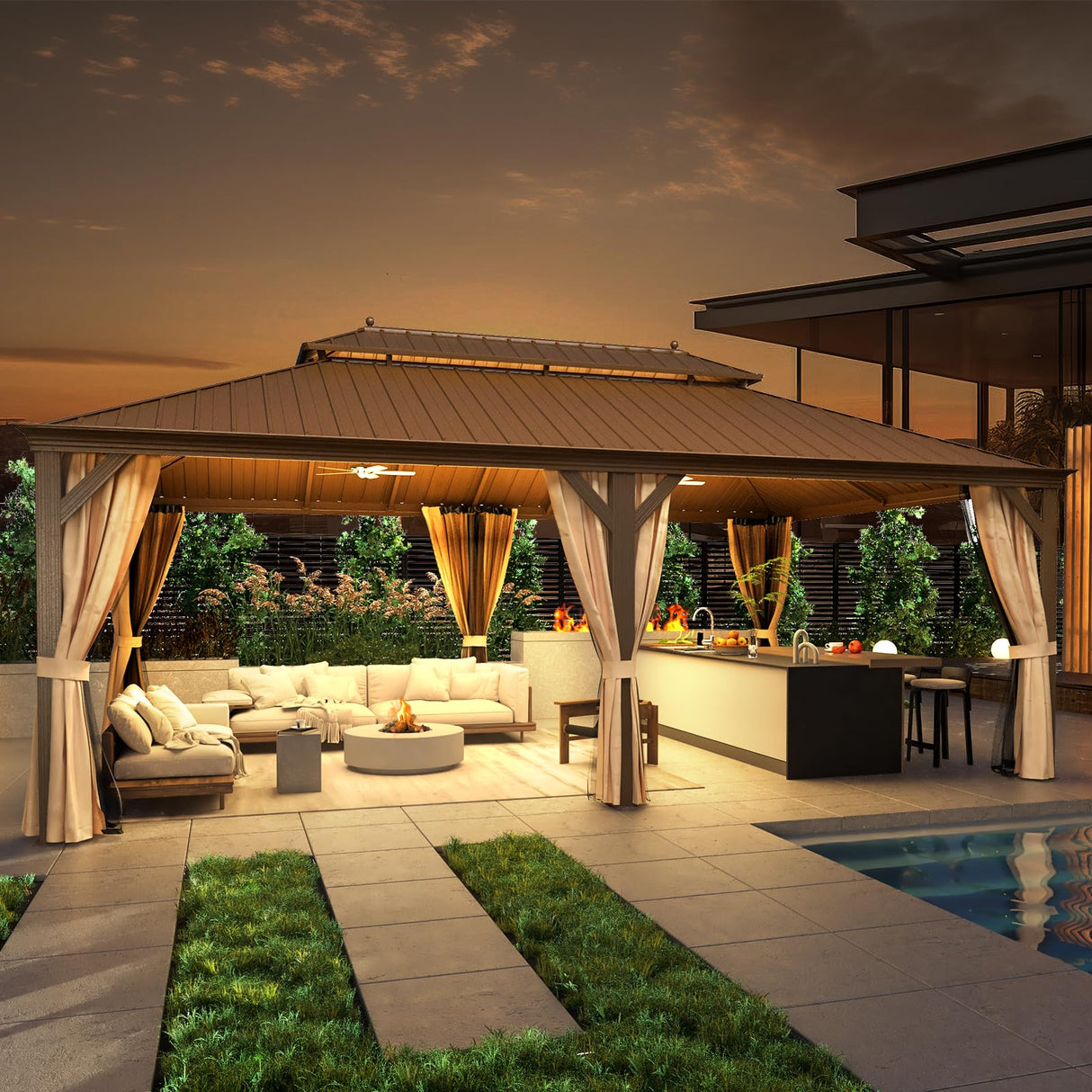 MELLCOM 14' x 22' Hardtop Gazebo,Galvanized Steel Metal Double Roof Aluminum Gazebo with Curtain and Netting,Brown Permanent Pavilion Gazebo with Aluminum Frame for Patios,Gardens,Lawns MELLCOM