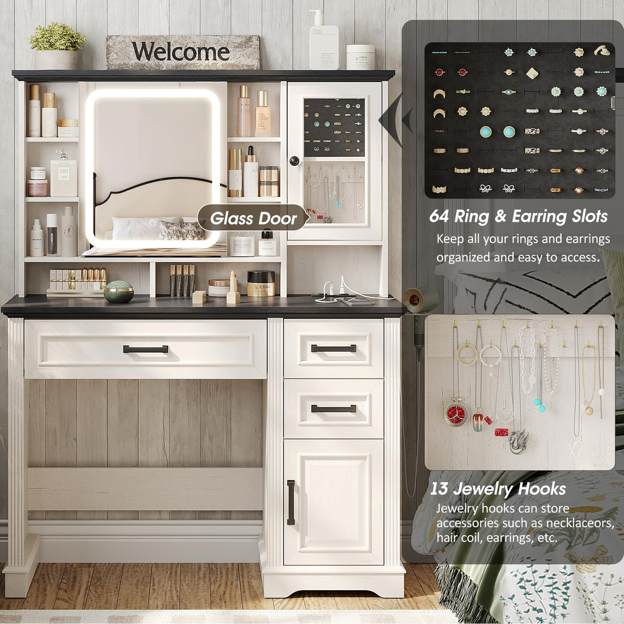 Maupvit Vanity Desk with Mirror and Lights, Makeup Vanity with 3 Drawers and Power Outlets, Farmhouse Makeup Vanity Desk with Lights, Dressing Table with Mirror for Bedroom, White Maupvit