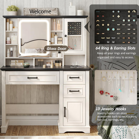 Maupvit Vanity Desk with Mirror and Lights, Makeup Vanity with 3 Drawers and Power Outlets, Farmhouse Makeup Vanity Desk with Lights, Dressing Table with Mirror for Bedroom, White Maupvit