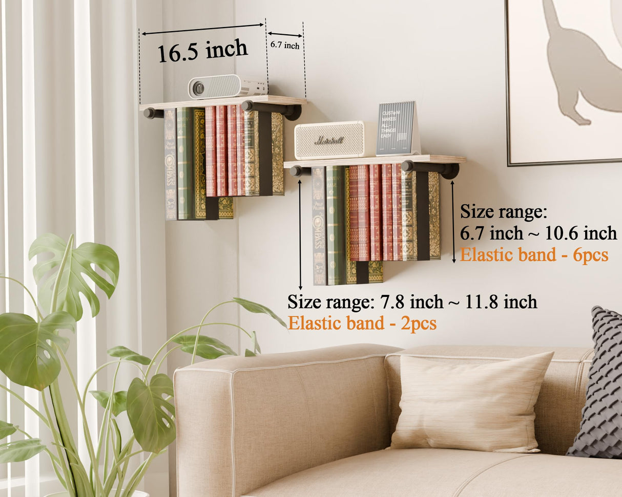 QsQueen Floating Bookshelves, Bookshelf with Industrial Pipe Brackets, Book Display Shelf for Wall, Unique Space-Saving Book Shelf Wall Book Holder, Wood Hanging Bookshelf, Great for Room Decor QsQueen