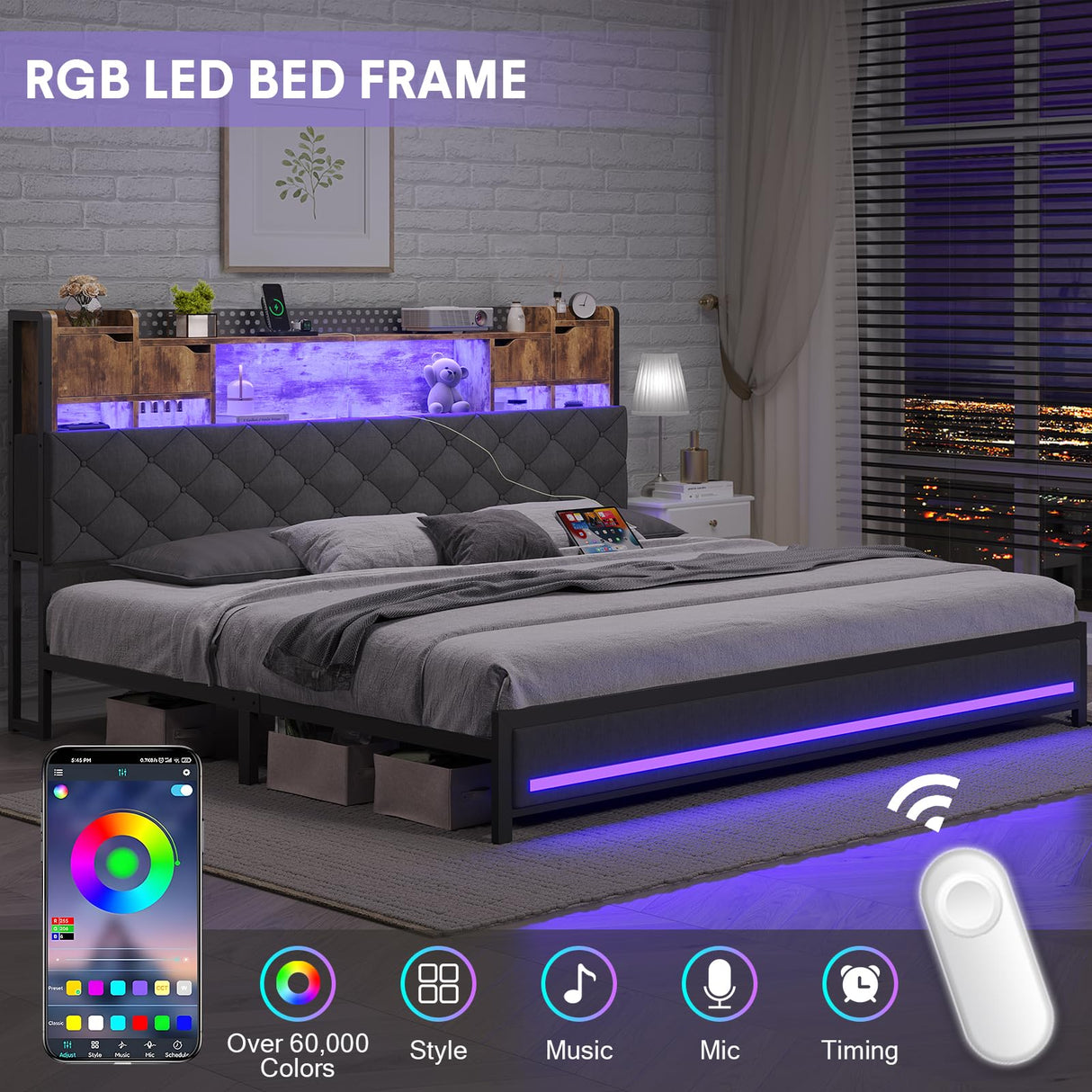 Dnxao King Bed Frame with Upholstered Headboard, Bed Frame King Size with Hidden Storage,3-Tier Storage Shelves, LED Lights and Charging Station, King Bed with Noise-Free, No Box Spring Needed, Gray Dnxao