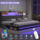 Dnxao King Bed Frame with Upholstered Headboard, Bed Frame King Size with Hidden Storage,3-Tier Storage Shelves, LED Lights and Charging Station, King Bed with Noise-Free, No Box Spring Needed, Gray Dnxao