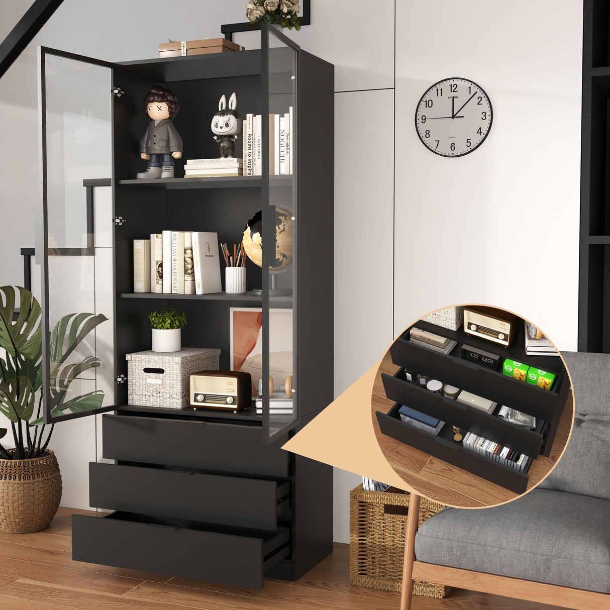 Vrmuxita Display Cabinet with Glass Doors: 79" Black Lighted Display Cabinet with 3 Drawers, Tall Bookcase with 2 Doors, Glass Door Bookcase for Living Room (Black) Vrmuxita