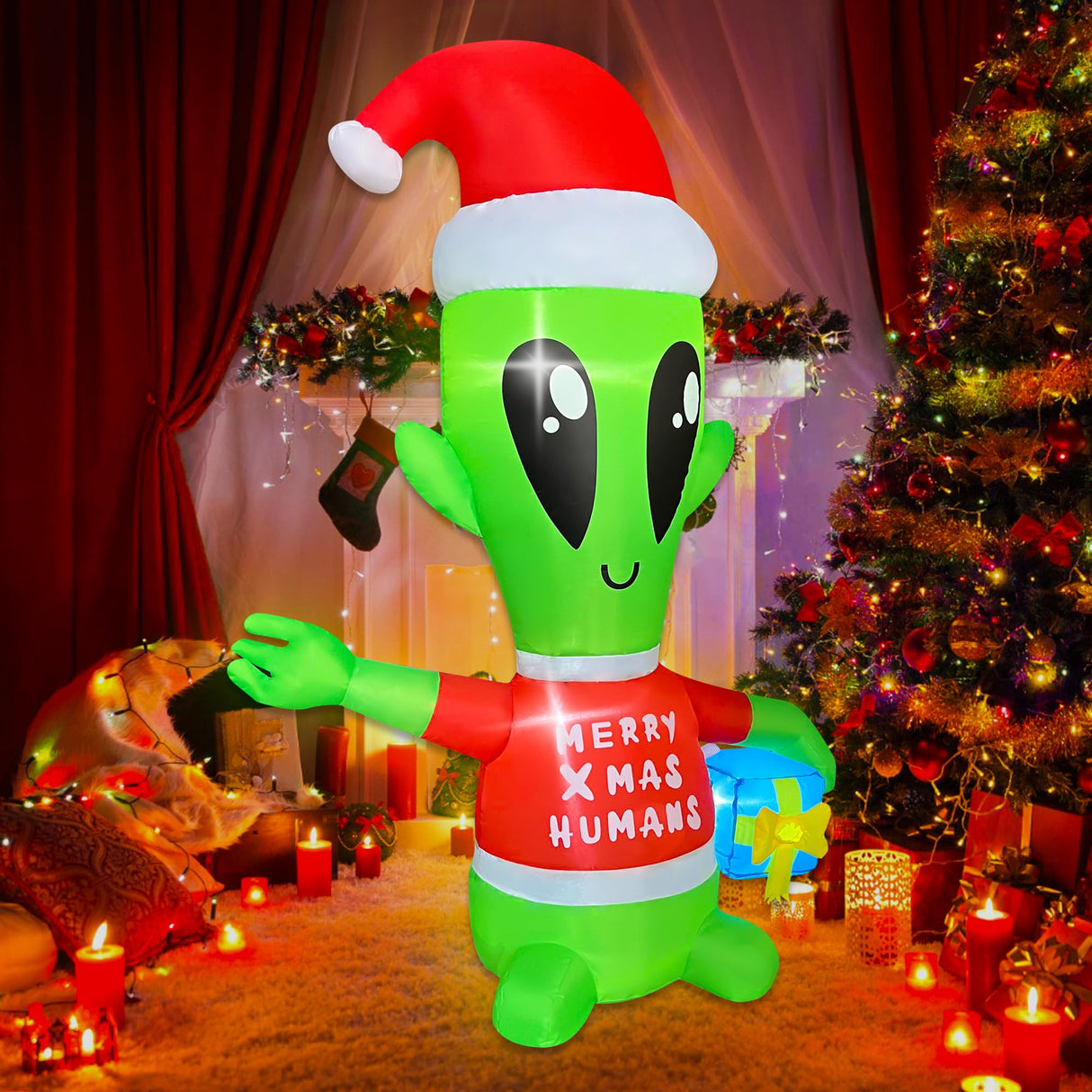 JOYEASE 4 FT Christmas Inflatables Alien with Gift Box Decorations LED Lighted Xmas Christmas Blow up Yard Decorations for Party Indoor Outdoor Garden Decor JOYEASE