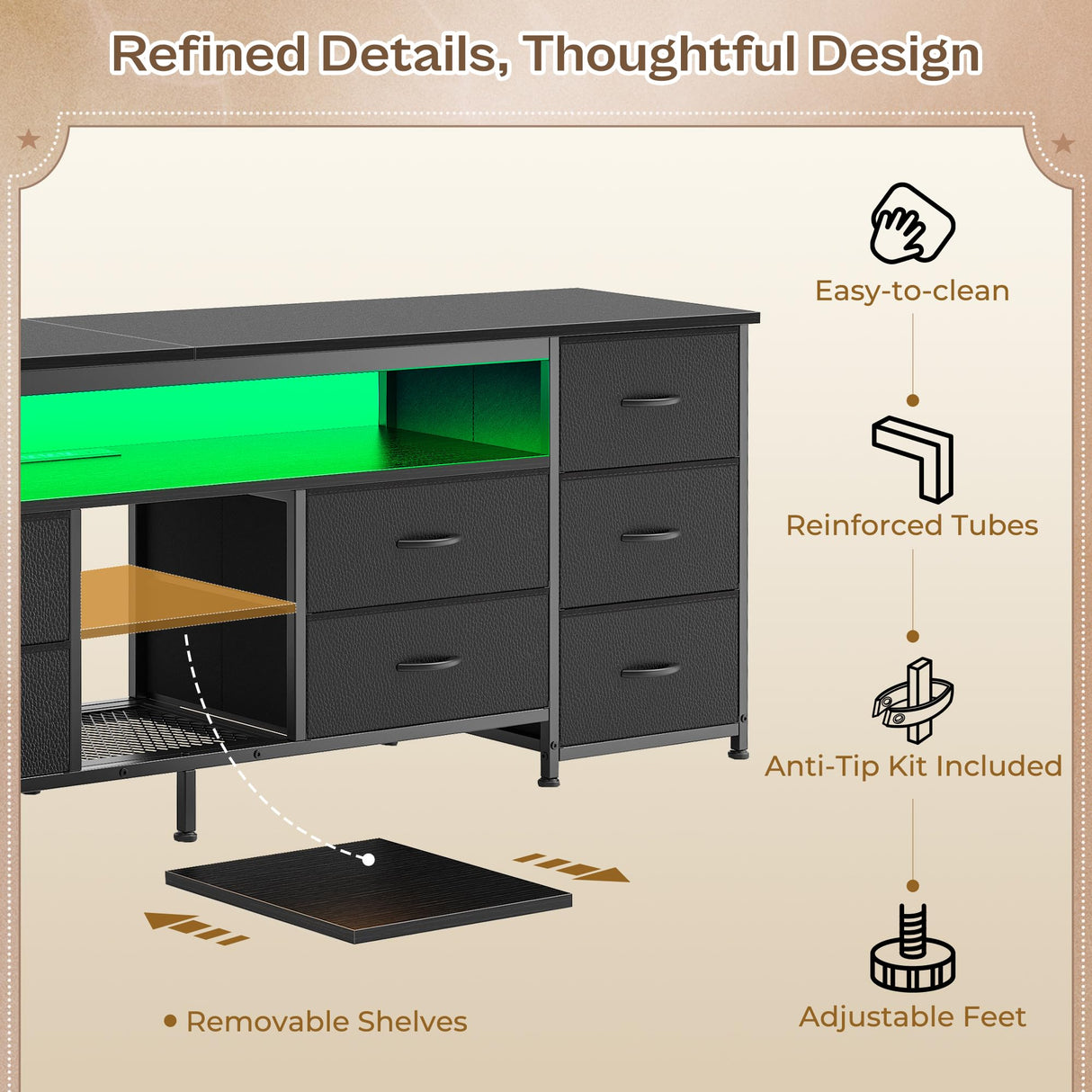 Huuger 70.9 Inch LED TV Stand Dresser with Power Outlets, USB-C Port and LED Lights, 10 Fabric Drawer Dresser for Bedroom, Long Entertainment Center for 75, 80 Inch TV, Open Shelves, PU Leather, Black Huuger