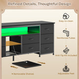 Huuger 70.9 Inch LED TV Stand Dresser with Power Outlets, USB-C Port and LED Lights, 10 Fabric Drawer Dresser for Bedroom, Long Entertainment Center for 75, 80 Inch TV, Open Shelves, PU Leather, Black Huuger