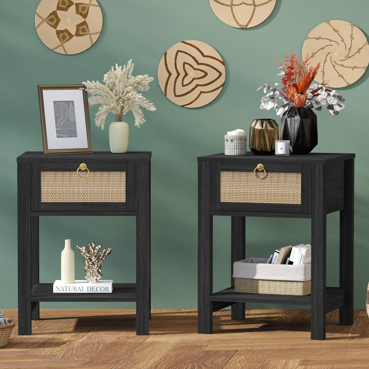SICOTAS Black Nightstand Set of 2 - Rattan Decor Drawer with Brass Knobs Night Stand Wood Bedside Table Boho End Tables Side Tables with Storage Shelf SICOTAS