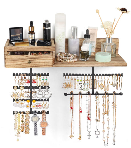 VINAEMO Jewelry Organizer Hanging Wall Mounted Jewelry Holder with Rustic Wood Drawer & Large Capacity Storage Shelf Rack Display for Earrings Rings Necklaces Bracelet VINAEMO