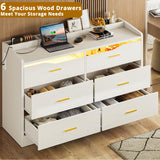 IRONCK Dresser for Bedroom with LED Light and Charging Station, Large Dressers & Chests of Drawers with 6 Wooden Drawers, Storage Organizer Dresser for Hallway, Bedroom, White IRONCK