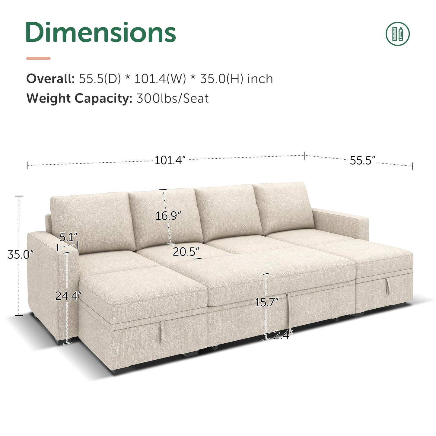 HONBAY Modular Sectional Sleeper Sofa Bed, Sectional Couch with Pullout Bed U Shaped Modular Couch with Storage Ottoman for Living Room, Beige