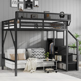 MoproBeti Full Size Loft Bed with Stairs, Metal Loft Beds Full with Storage Shelves, Adults Loft Bed with Wardrobe, Heavy Duty High Lofted Bed for Teens,Black +Black Stair MoproBeti